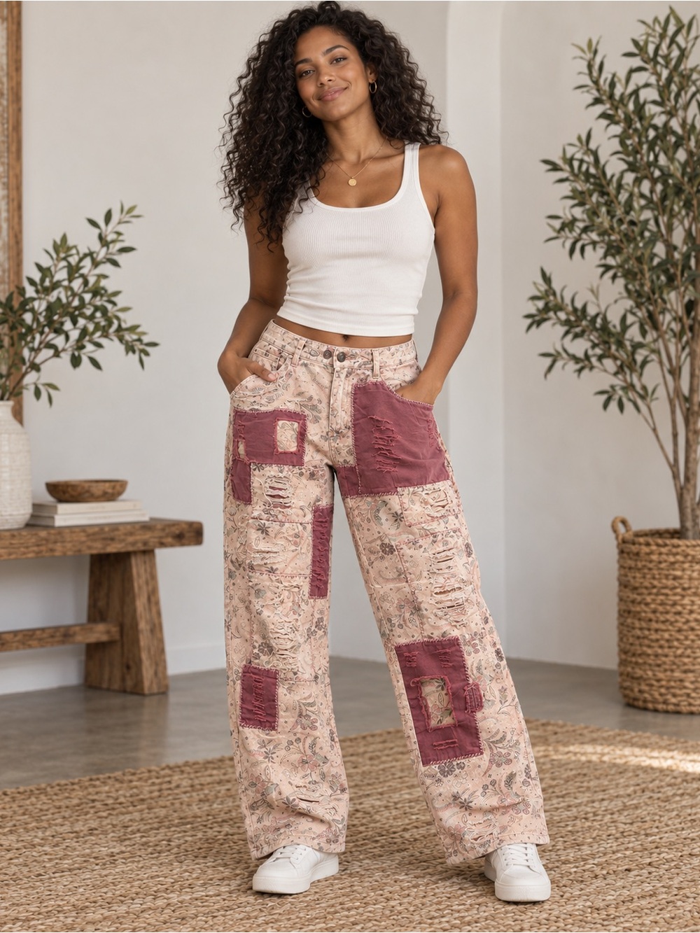 Blue velvet Patchwork Pants in Dusty Rose Patch - Women's